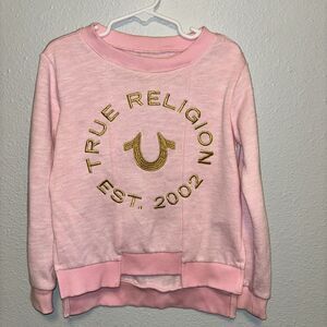 True Religion Embossed Girls Pink Sweater Sz 5 Rugged Hem Layer Pullover Comfort
